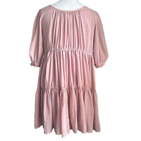 Easel Los Angeles Swiss Dot Peasant Tiered BabydollDress Blush Pink Size L - Picture 2 of 10